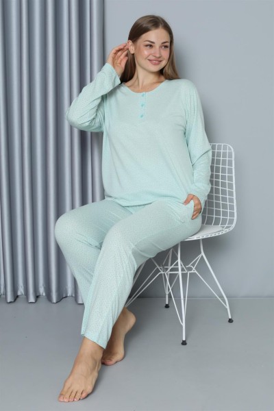 Moda Çizgi Kadın Büyük Beden Penye Uzun Kol Pijama Takım 202212 - Thumbnail