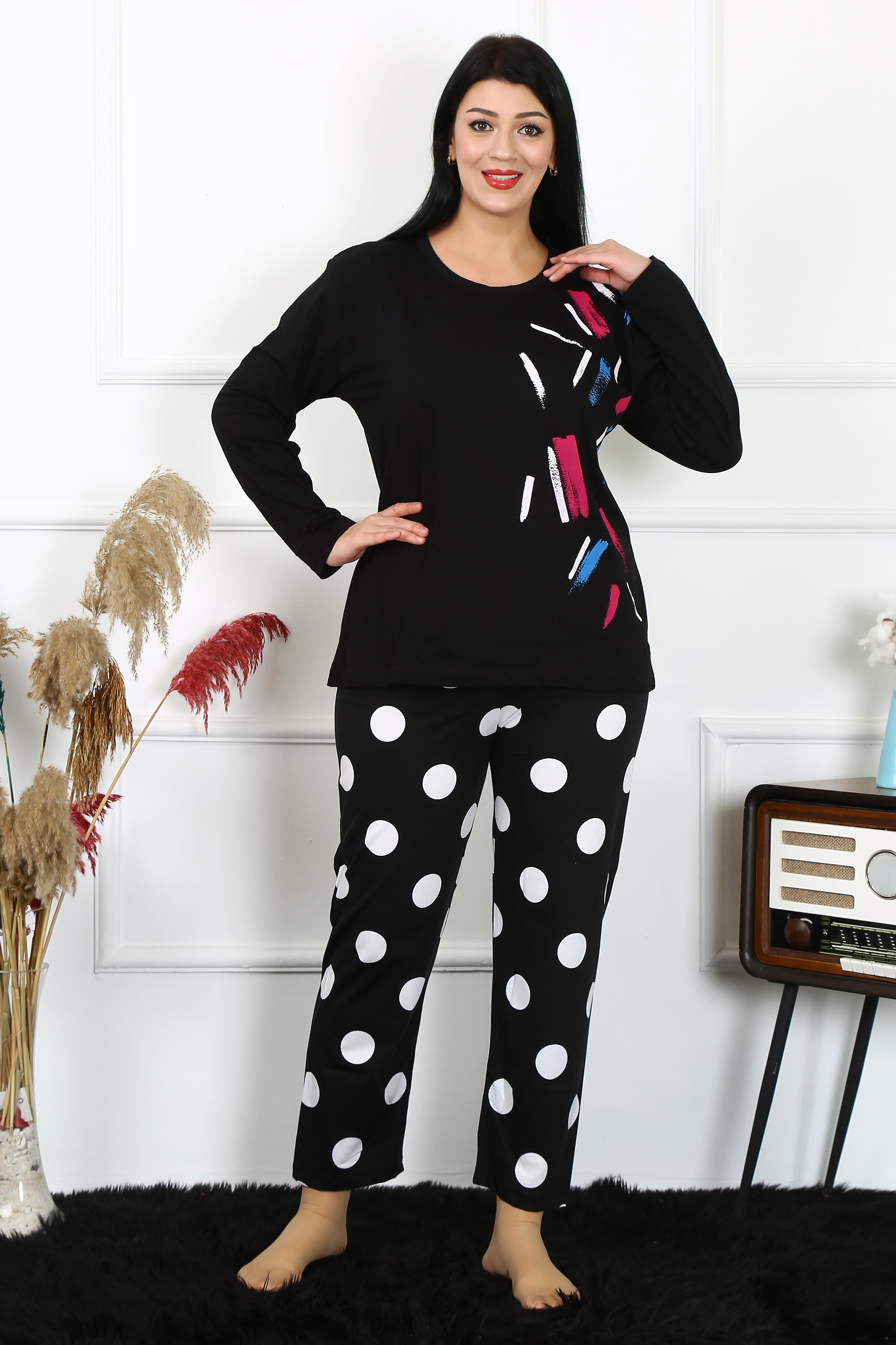 Moda Çizgi Kadın Büyük Beden Penye Uzun Kol Pijama Takım 202215 - 6XL | Siyah