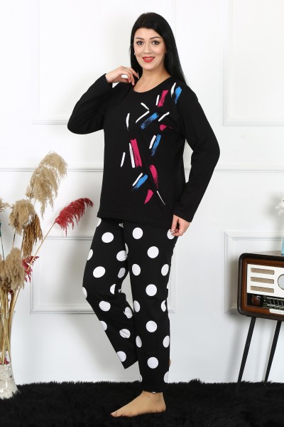 Moda Çizgi Kadın Büyük Beden Penye Uzun Kol Pijama Takım 202215 - Thumbnail