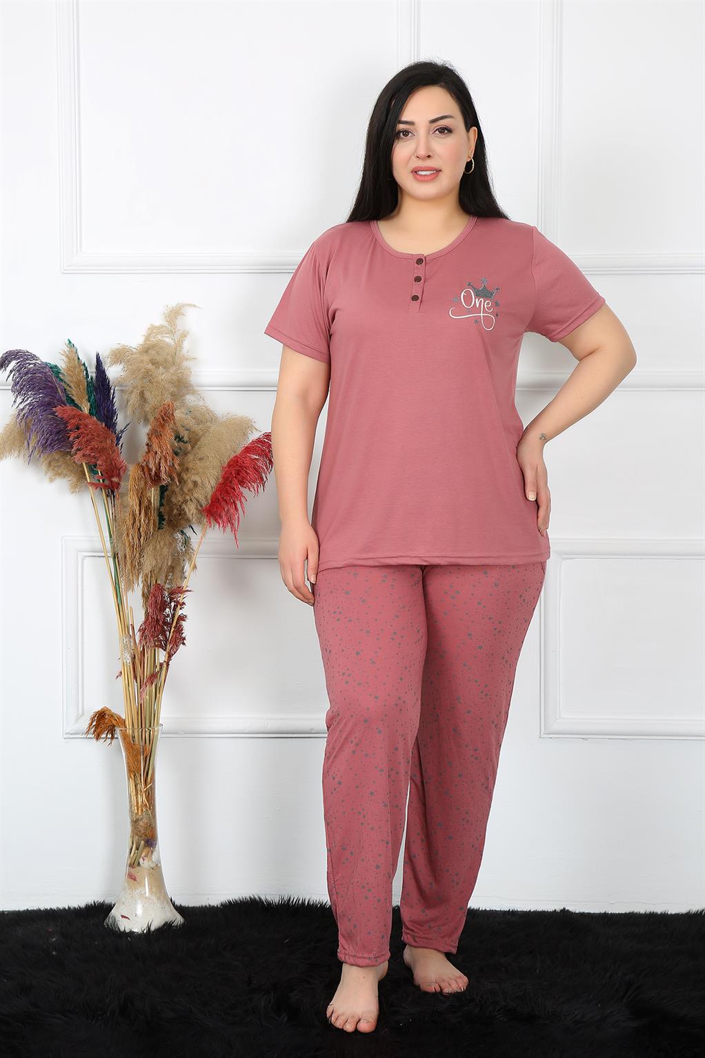 Moda Çizgi Kadın Büyük Beden Pijama Takım 202186 - 2XL | Mürdüm