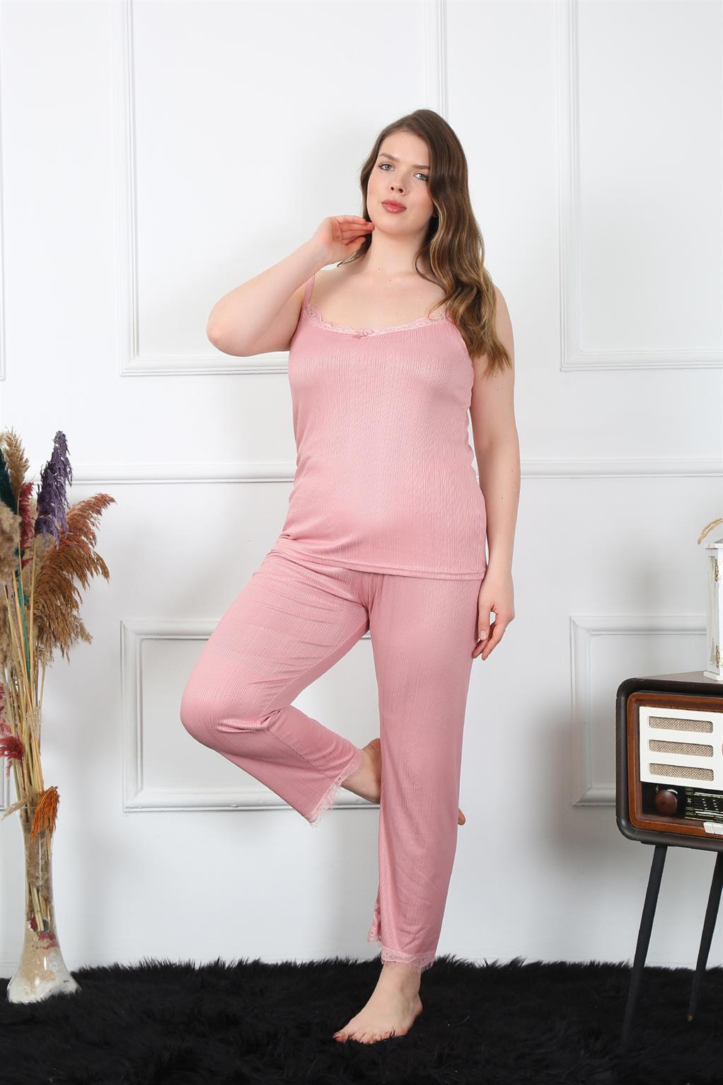 Moda Çizgi Kadın Büyük Beden Pudra İp Askılı Pijama Takım 202195 - 3XL | Pudra