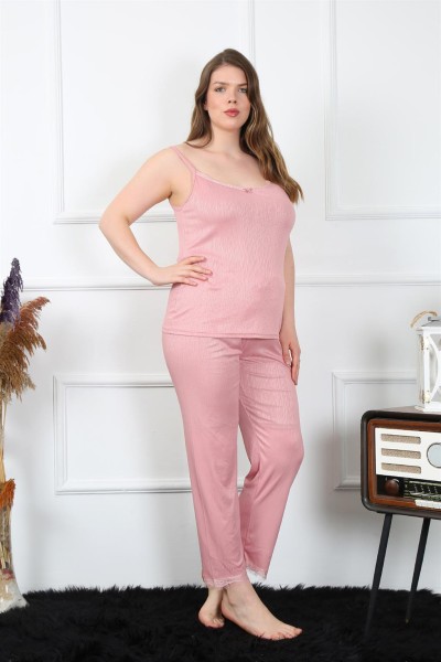 Moda Çizgi Kadın Büyük Beden Pudra İp Askılı Pijama Takım 202195 - Thumbnail