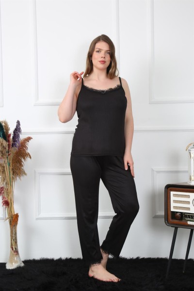 Moda Çizgi Kadın Büyük Beden Siyah İp Askılı Pijama Takım 202195 - Thumbnail
