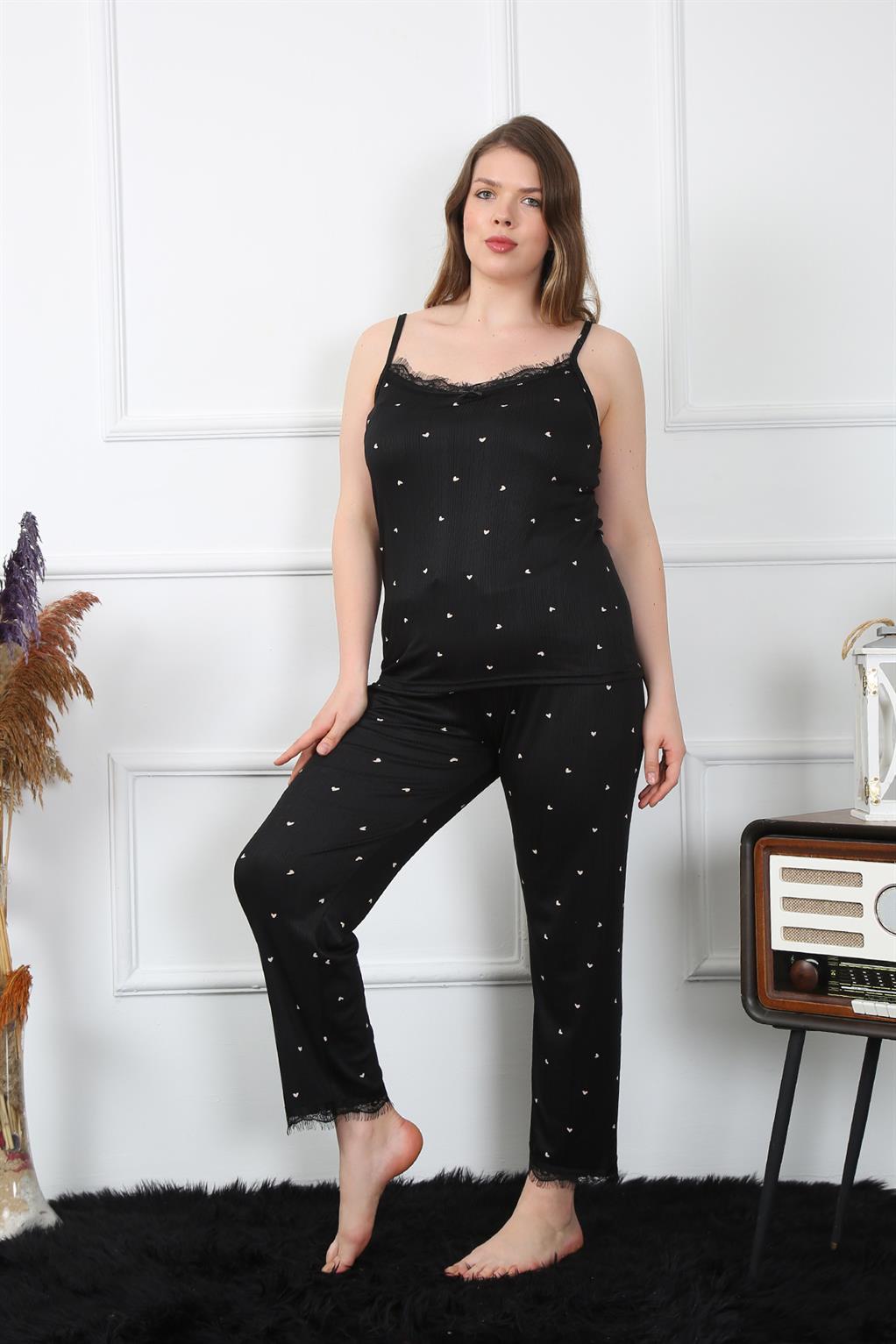 Moda Çizgi Kadın Büyük Beden Siyah İp Askılı Pijama Takım 202196 - 4XL | Siyah