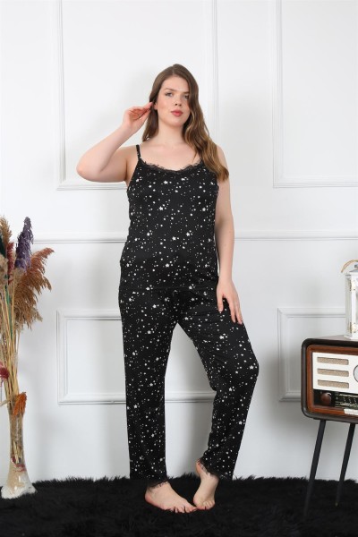 Moda Çizgi Kadın Büyük Beden Siyah İp Askılı Pijama Takım 202198 - Thumbnail