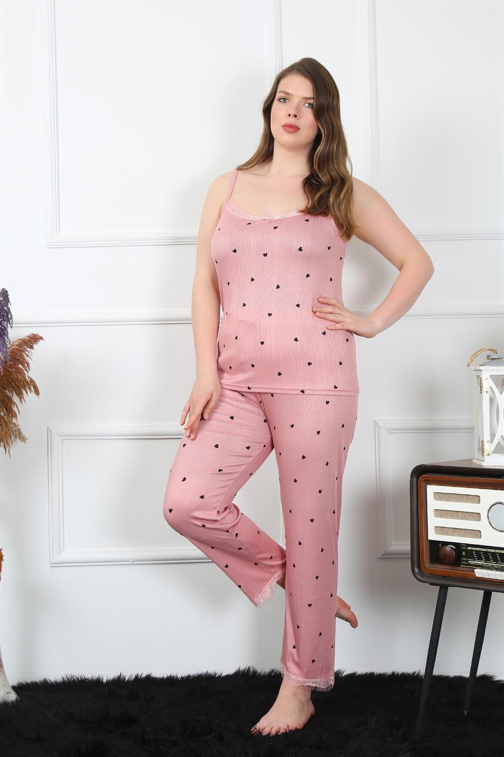 Moda Çizgi Kadın Büyük Beden Somon İp Askılı Pijama Takım 202196 - 2XL | Somon