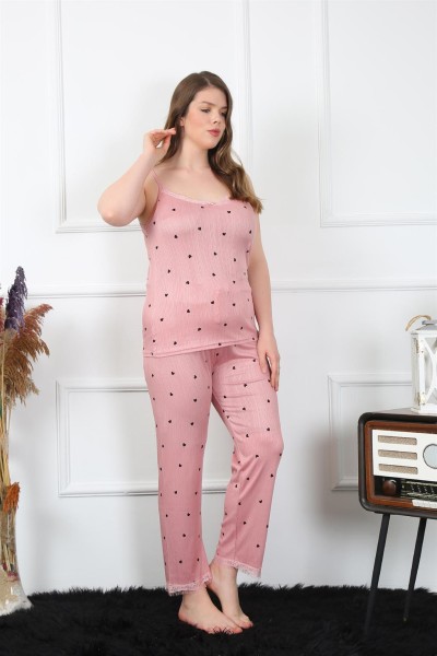 Moda Çizgi Kadın Büyük Beden Somon İp Askılı Pijama Takım 202196 - Thumbnail