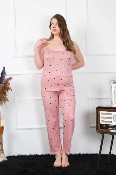 Moda Çizgi Kadın Büyük Beden Somon İp Askılı Pijama Takım 202196 - Thumbnail