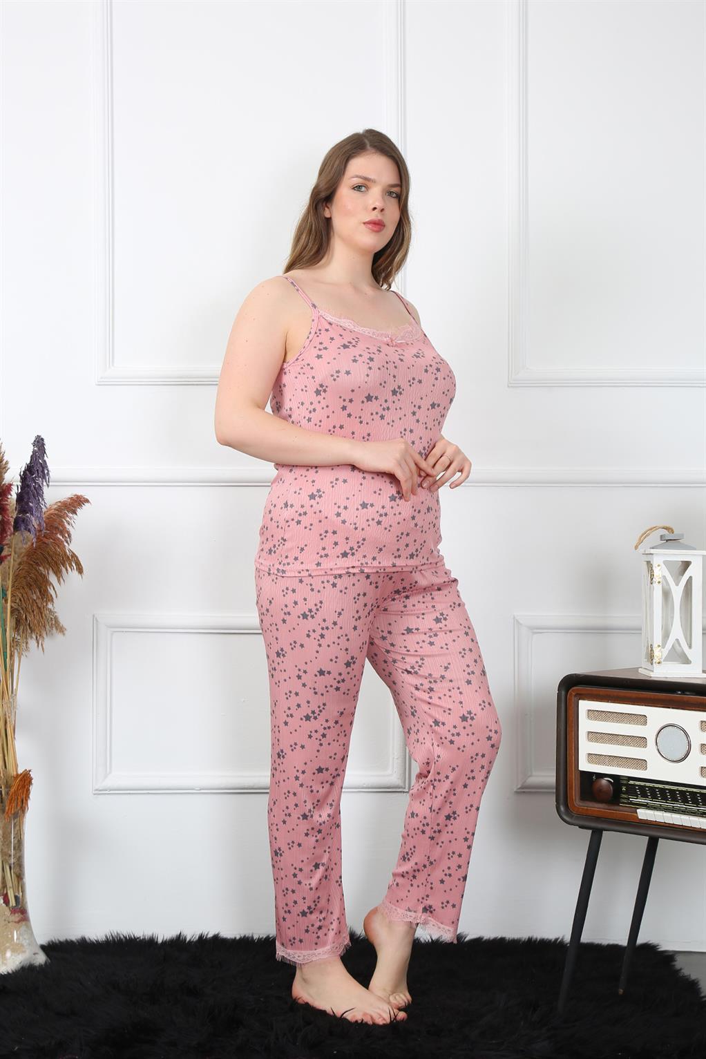 Moda Çizgi Kadın Büyük Beden Somon İp Askılı Pijama Takım 202198 - 2XL | Somon