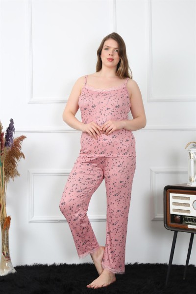 Moda Çizgi Kadın Büyük Beden Somon İp Askılı Pijama Takım 202198 - Thumbnail