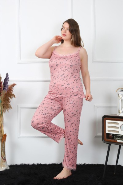 Moda Çizgi Kadın Büyük Beden Somon İp Askılı Pijama Takım 202198 - Thumbnail