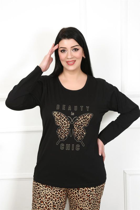Moda Çizgi Kadın Büyük Beden Uzun Kol Pijama Takım 202205 - 2