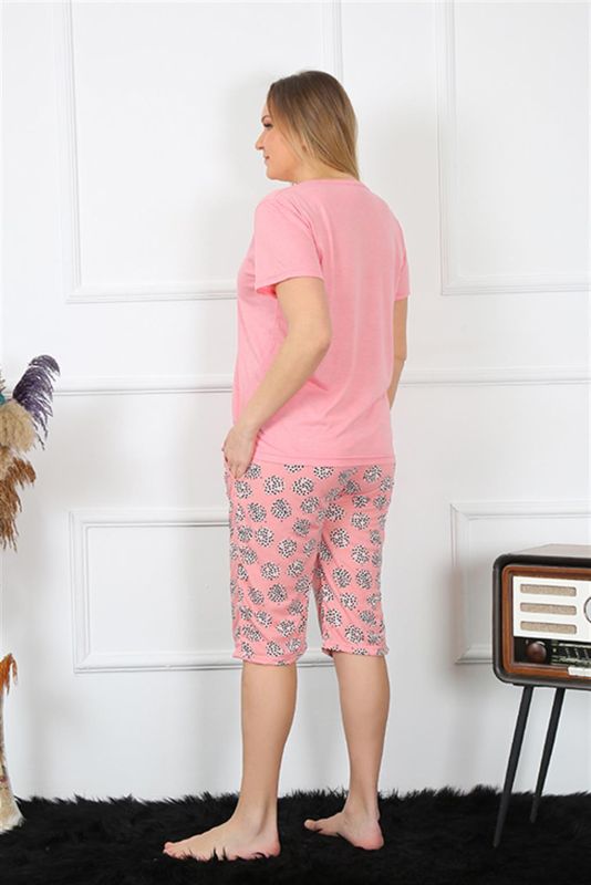 Moda Çizgi Kadın Büyük Beden Viscon Pembe Kapri Pijama Takım 202192 - 5
