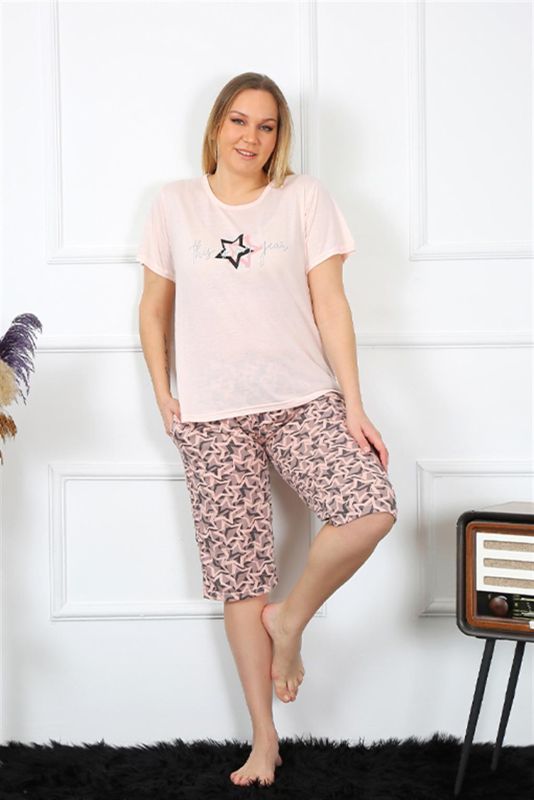 Moda Çizgi Kadın Büyük Beden Viscon Pudra Kapri Pijama Takım 202192 - 1