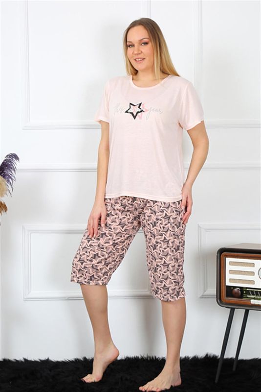 Moda Çizgi Kadın Büyük Beden Viscon Pudra Kapri Pijama Takım 202192 - 2