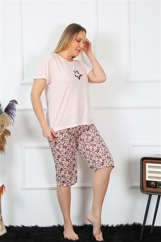 Moda Çizgi Kadın Büyük Beden Viscon Pudra Kapri Pijama Takım 202192 - 3