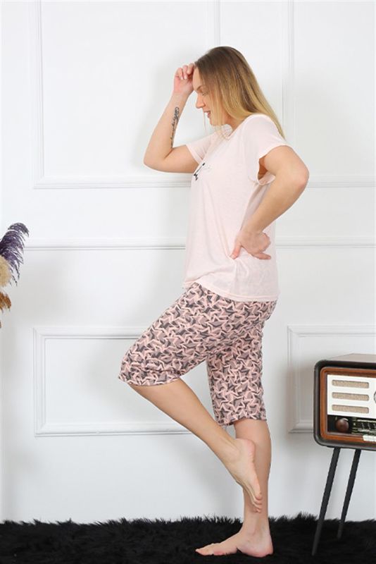 Moda Çizgi Kadın Büyük Beden Viscon Pudra Kapri Pijama Takım 202192 - 5