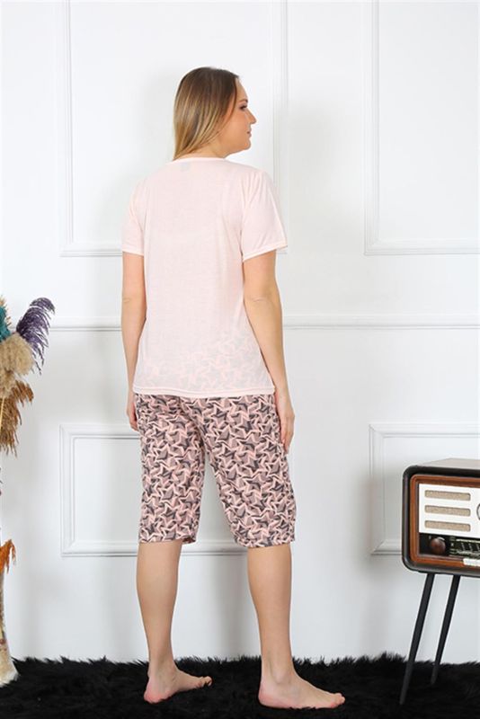 Moda Çizgi Kadın Büyük Beden Viscon Pudra Kapri Pijama Takım 202192 - 6