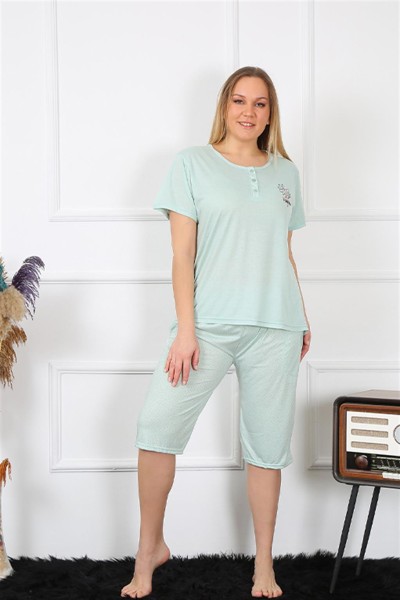 Moda Çizgi Kadın Büyük Beden Viscon Su Yeşili Kapri Pijama Takım 202193 - Thumbnail