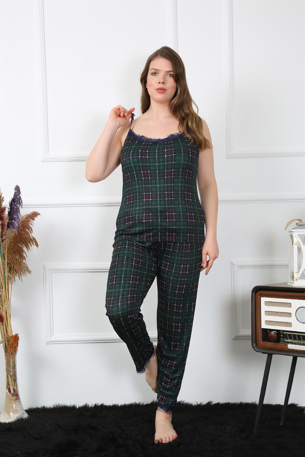 Moda Çizgi Kadın Büyük Beden Yeşil Ekoseli İp Askılı Pijama Takım 202197 - 2XL | Yeşil