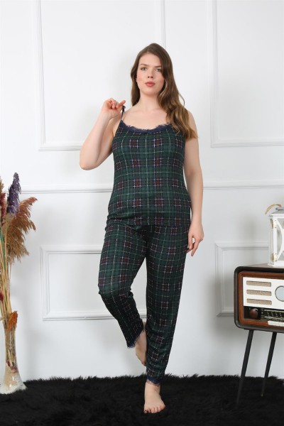 Moda Çizgi - Moda Çizgi Kadın Büyük Beden Yeşil Ekoseli İp Askılı Pijama Takım 202197