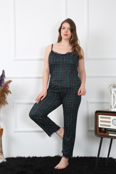 Moda Çizgi Kadın Büyük Beden Yeşil Ekoseli İp Askılı Pijama Takım 202197 - Thumbnail