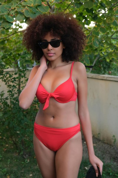 Moda Çizgi Kadın Destekli Fiyonklu Alt Üst Kırmızı Bikini Takım 35008 - Thumbnail
