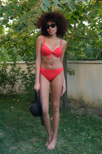 Moda Çizgi Kadın Destekli Fiyonklu Alt Üst Kırmızı Bikini Takım 35008 - Thumbnail