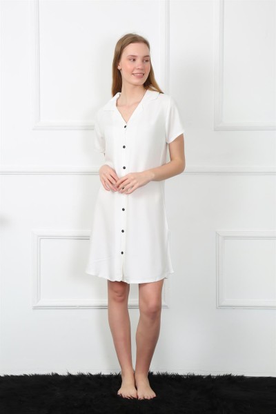Moda Çizgi Kadın Dokuma Kumaş Önden Düğmeli Beyaz Tunik Gecelik 1031 - Thumbnail