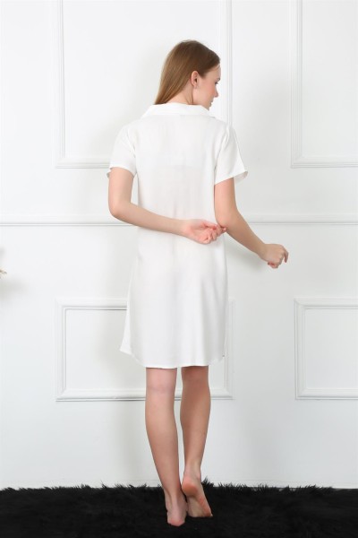 Moda Çizgi Kadın Dokuma Kumaş Önden Düğmeli Beyaz Tunik Gecelik 1031 - Thumbnail