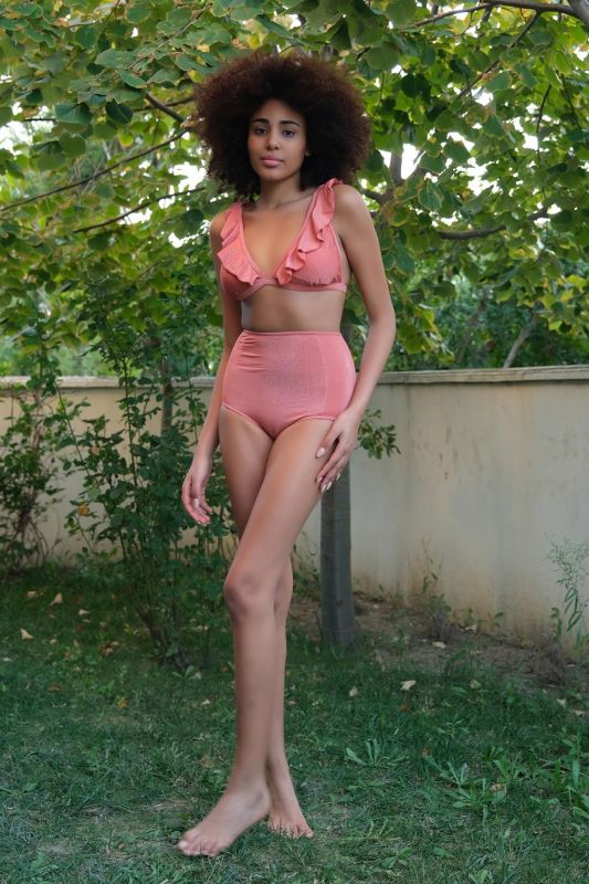 Moda Çizgi Kadın Fırfırlı Yüksek Bel Kiremit Alt Üst Bikini Takım 35010 - 3