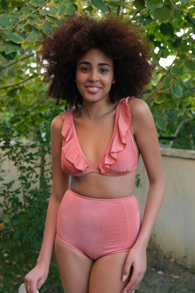 Moda Çizgi Kadın Fırfırlı Yüksek Bel Kiremit Alt Üst Bikini Takım 35010 - Thumbnail