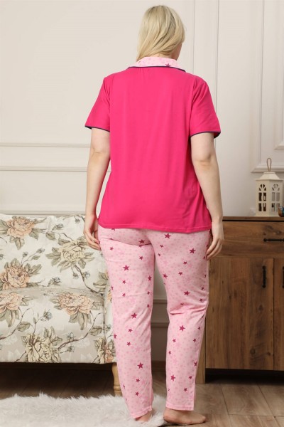 Moda Çizgi Kadın Fuşya Pamuklu Düğmeli Cepli Kısa Kol Büyük Beden Pijama Takım 202039 - Thumbnail