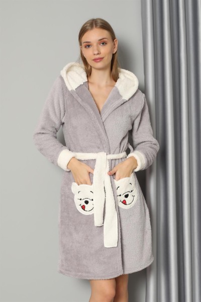 Moda Çizgi Kadın Gri Welsoft Polar Sabahlık 20573 - Thumbnail