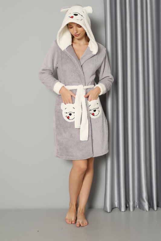 Moda Çizgi Kadın Gri Welsoft Polar Sabahlık 20573 - 3