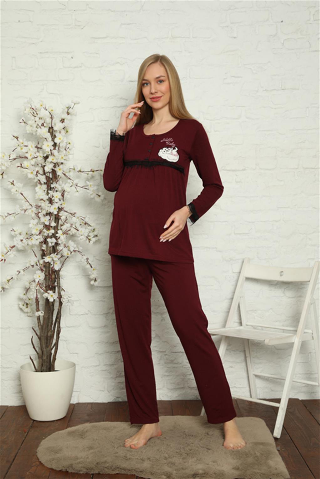 Moda Çizgi Kadın Hamile Lohusa Bordo Pijama Takımı 45201 - XL | Bordo