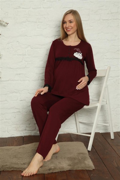 Moda Çizgi Kadın Hamile Lohusa Bordo Pijama Takımı 45201 - Thumbnail