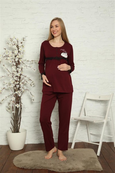 Moda Çizgi Kadın Hamile Lohusa Bordo Pijama Takımı 45201 - Thumbnail