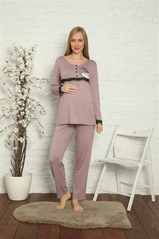 Moda Çizgi Kadın Hamile Lohusa Gül Kurusu Pijama Takımı 45201 - 1