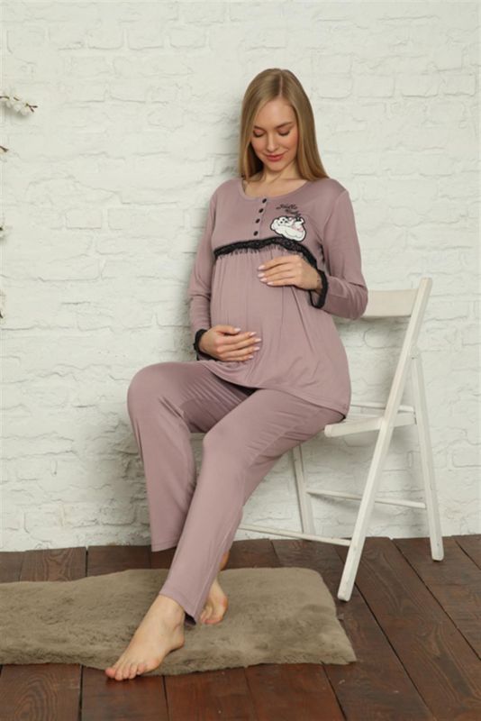 Moda Çizgi Kadın Hamile Lohusa Gül Kurusu Pijama Takımı 45201 - 2
