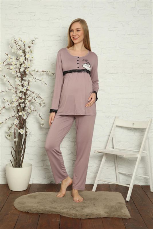 Moda Çizgi Kadın Hamile Lohusa Gül Kurusu Pijama Takımı 45201 - 3