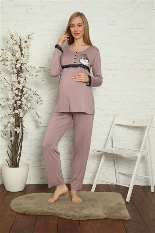 Moda Çizgi Kadın Hamile Lohusa Gül Kurusu Pijama Takımı 45201 - 4
