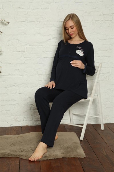 Moda Çizgi Kadın Hamile Lohusa Lacivert Pijama Takımı 45201 - Thumbnail