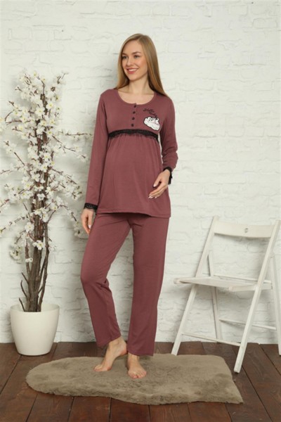 Moda Çizgi Kadın Hamile Lohusa Mürdüm Pijama Takımı 45201 - Thumbnail