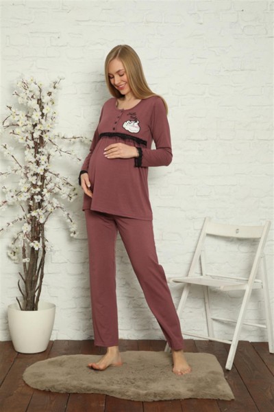 Moda Çizgi Kadın Hamile Lohusa Mürdüm Pijama Takımı 45201 - Thumbnail