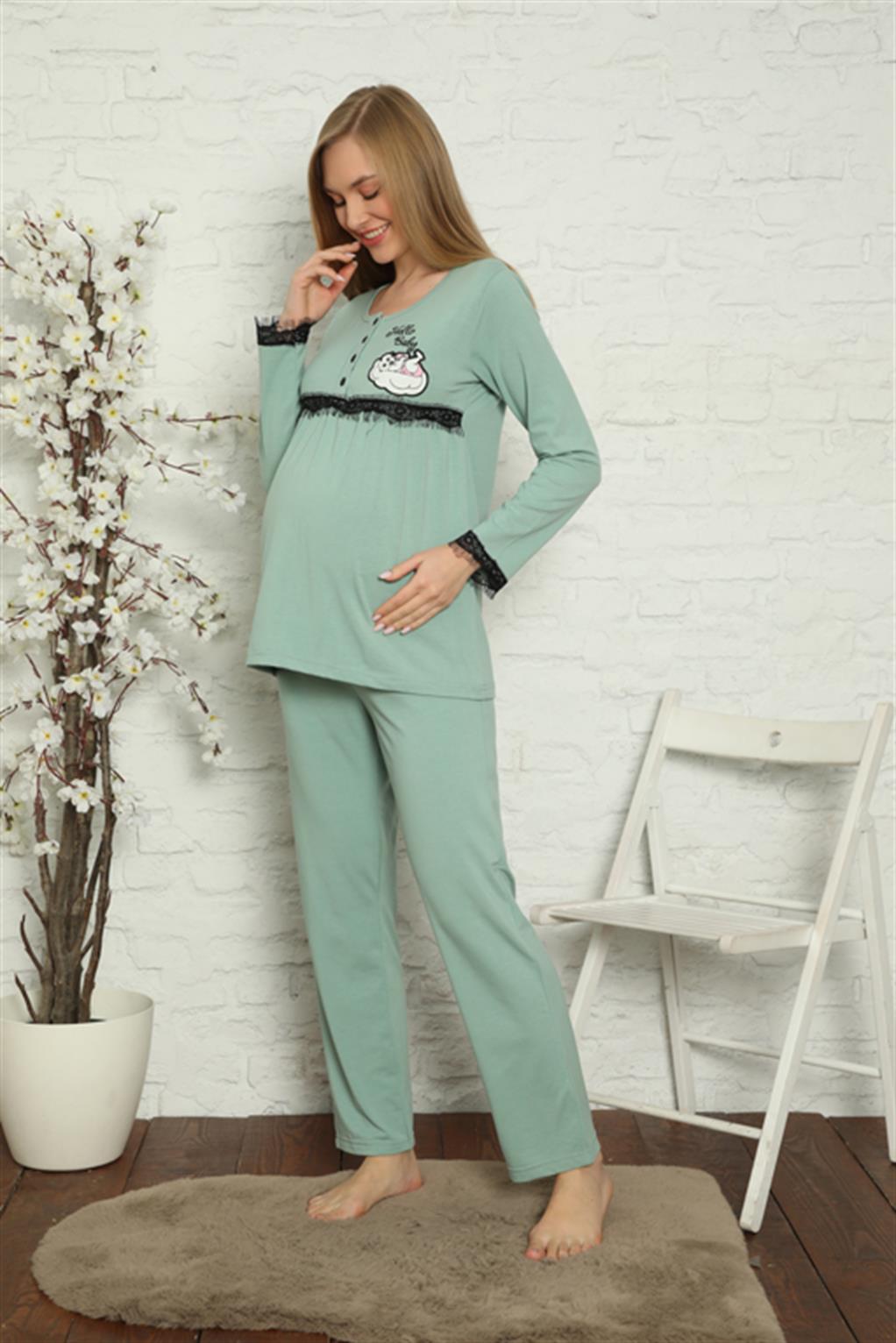 Moda Çizgi Kadın Hamile Lohusa Su Yeşili  Pijama Takımı 45201 - 2XL | Su Yeşili