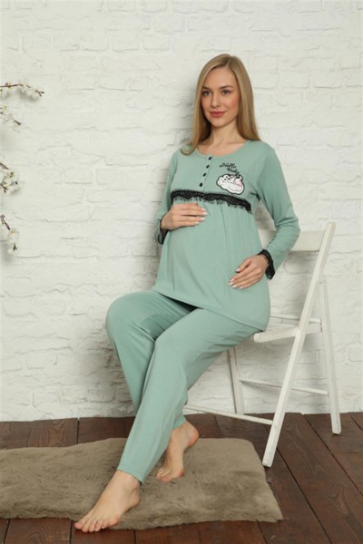 Moda Çizgi Kadın Hamile Lohusa Su Yeşili Pijama Takımı 45201 - Thumbnail