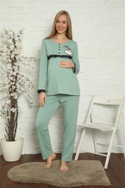 Moda Çizgi Kadın Hamile Lohusa Su Yeşili Pijama Takımı 45201 - Thumbnail
