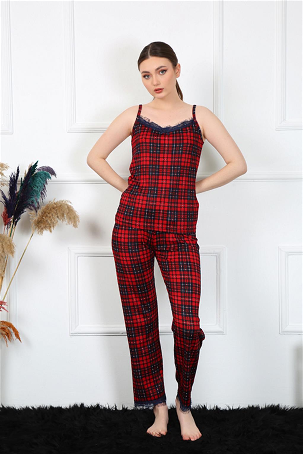 Moda Çizgi Kadın İp Askılı Kırmızı Ekoseli Pijama Takım 4135 - XL | Kırmızı