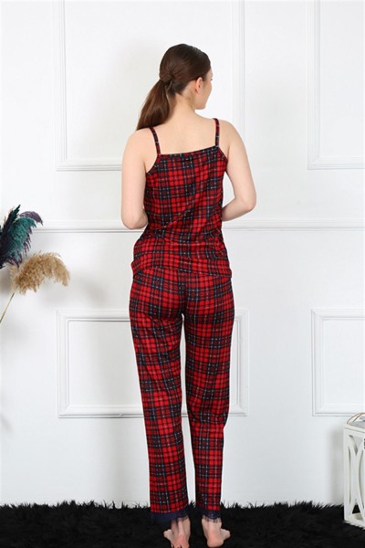 Moda Çizgi Kadın İp Askılı Kırmızı Ekoseli Pijama Takım 4135 - Thumbnail